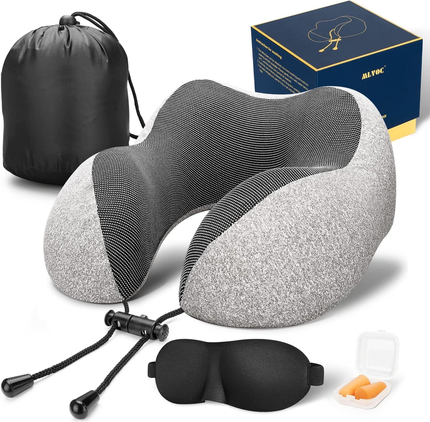 MLVOC Airplane Travel Neck Pillow for Sleeping, 3D-Eye Mask & Earplugs Kit | Curved Neck & Chin Support, Rope Lock Fit, Memory Foam Keeps It’s Shape, 3-in-1 Ki Includes: Eye Mask + Earplugs