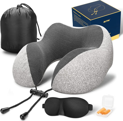 MLVOC Airplane Travel Neck Pillow for Sleeping, 3D-Eye Mask & Earplugs Kit | Curved Neck & Chin Support, Rope Lock Fit, Memory Foam Keeps It’s Shape, 3-in-1 Ki Includes: Eye Mask + Earplugs