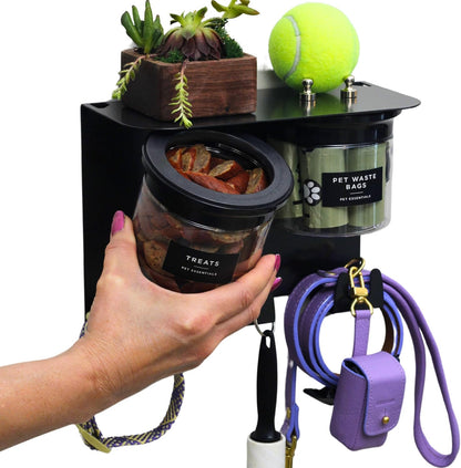 Dog Leash Holder for Wall with Shelf — Wall Mounted Dog Treat Holder & Station, 2 Airtight 32oz Treat Containers, 9 Hooks, Patented Lidless Slide-to-Seal Jars, Solid Steel, Made in USA