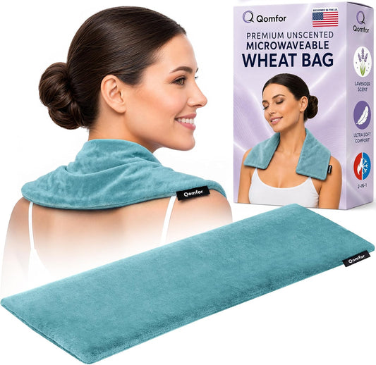 Qomfor - Microwavable Heating Pad - Blue Green - Lavender Scented Heat Pack - Therapeutic Heat Wrap for Neck, Shoulders & Period Cramps Pain Relief - Reusable Hot/Cold Therapy Bag