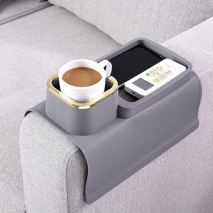 HMASYO Couch Cup Holder Tray – Weighted Silicone Sofa Armrest Organizer Table with Anti-Spill Coaster, Easy Reach for Drink, Snacks, Remote & Phone, Non-Slip Base, Easy Clean