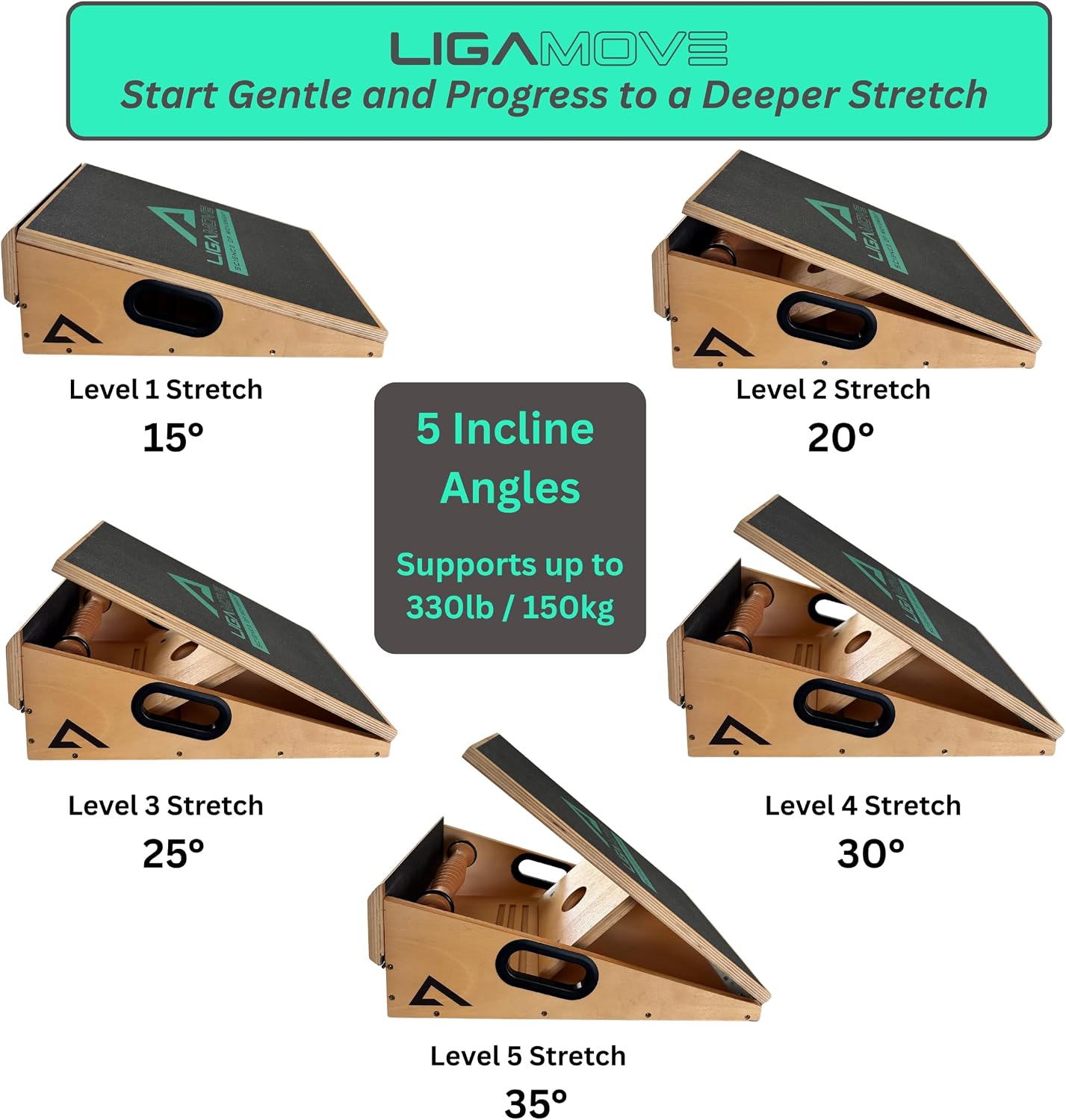 Adjustable Wooden Slant Board - Calf Stretcher - Foot Roller & Toe Stretcher