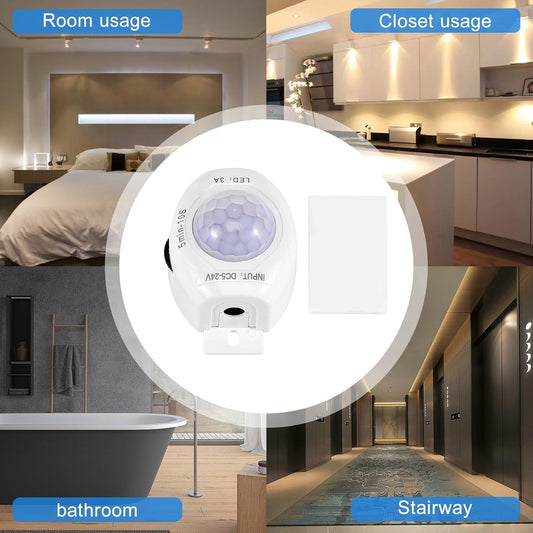 PIR Infrared Motion Sensor Detector DC5-24V Auto on Off Switch Home LED Light Body PIR Motion Sensor Lamp(White)