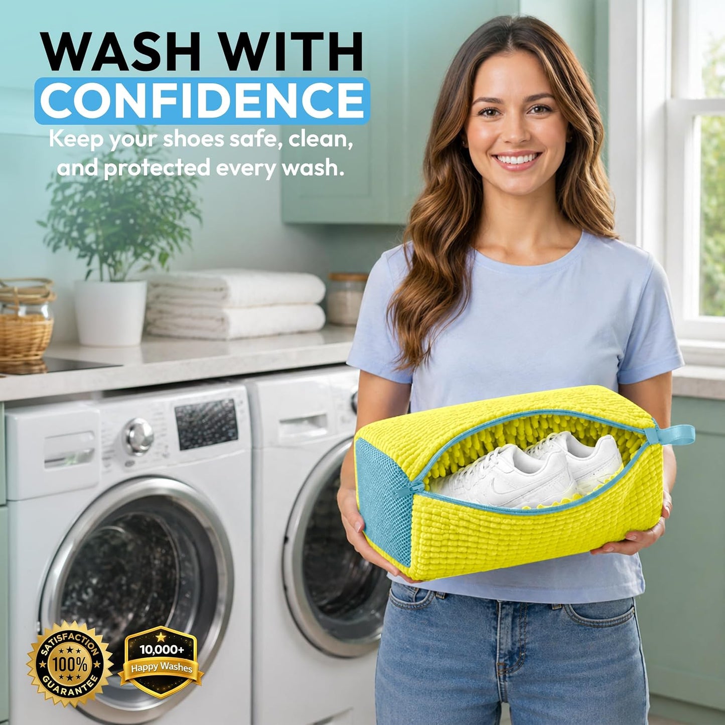 Shoe Washing Machine Bag - 360° Deep Clean shoe washing bag - 2Pc | Laundry Shoe Bag for Washer and Dryer - Reusable Shoe Cleaning Bag -Shoe Bag for Washing Sneakers etc with Zip Lock - Yellow