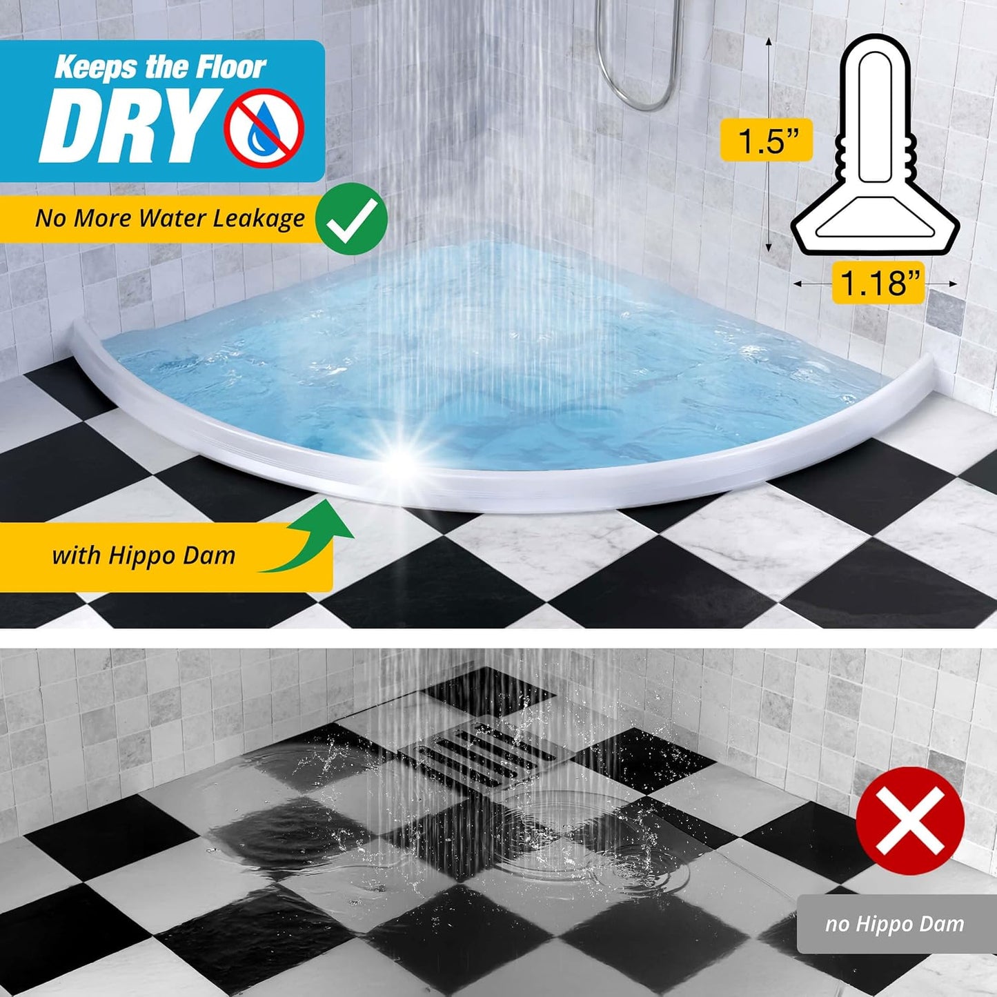 67" White Shower Threshold Water Dam Barrier, 1.5" Tall Water Stopper Strip | Flexible 1.5-inch-tall door seal helps contain splashes, block leaks and keep bathroom floors dry around walk-in showers