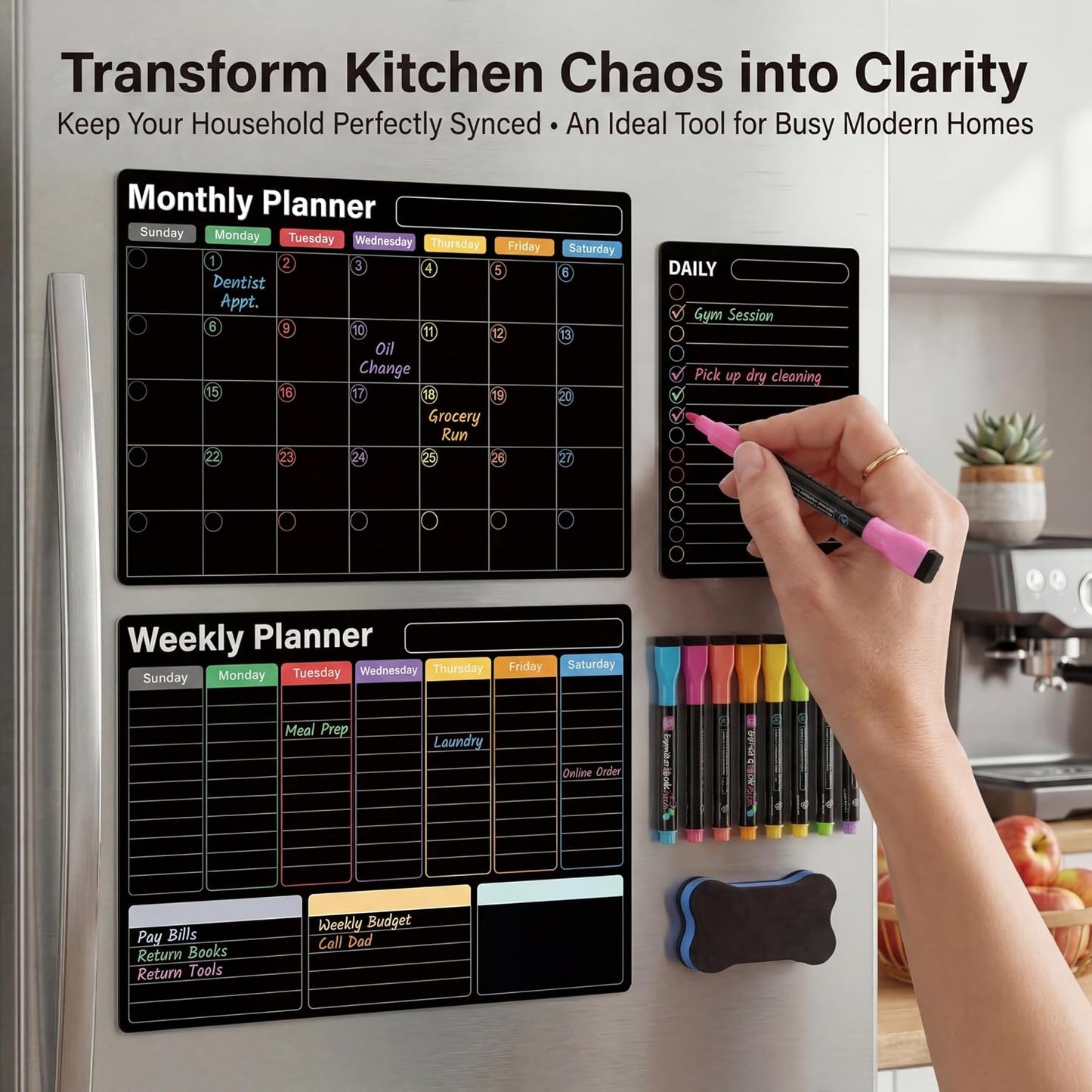 Magnetic Calendar for Refrigerator, Fridge Calendar 3-Pack | Monthly Weekly Daily Dry Erase Calendar Planner Set with Nano-Tech Surface, 17"x12" Magnetic Whiteboard, 8 Markers & Eraser