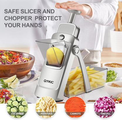 QYKIC Safe Mandoline Slicer for Kitchen, Adjustable Potato Slicer Pro | 0.1-8mm Vegetable Chopper Fry Cutter Julienne Dicer Large Chute Stainless Steel Blades Detachable Dishwasher Safe Gifts