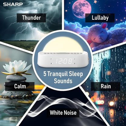 SHARP Sunrise Alarm Clock with Wake-Up Light, Sleep Sounds and Night Light | Sunrise wake light; Sunset sleep timer; 5 sleep sounds; 8-color night light; Dimmer; Snooze; Battery backup
