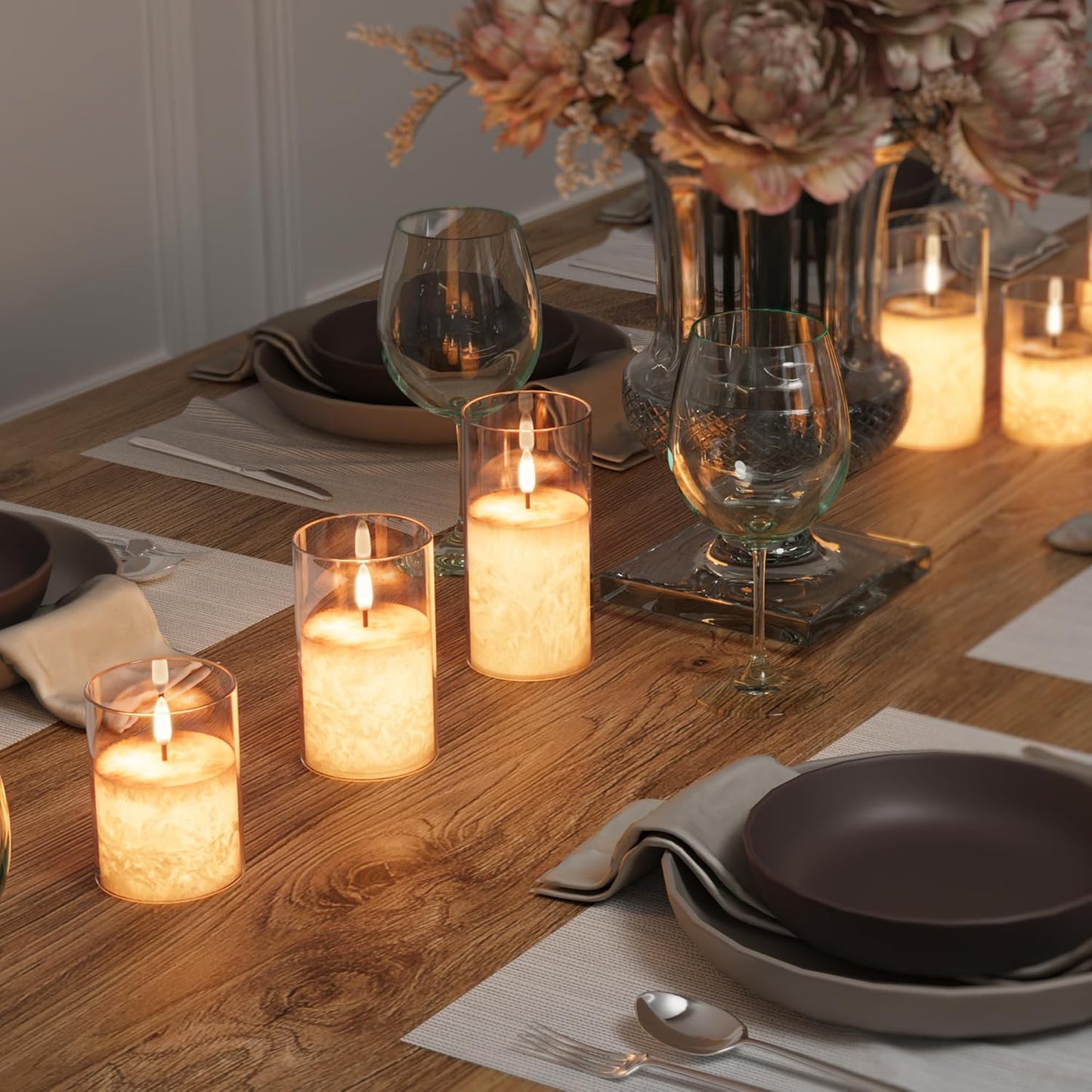 Battery Operated Flameless Candles with Remote & Timer, Gold Glass 3Pack | Real Wax Crystal Texture, D3×H4/5/6", 2/4/6/8H Timer, Dimming, Flickering Realistic LED Candles for Wedding Table Decor
