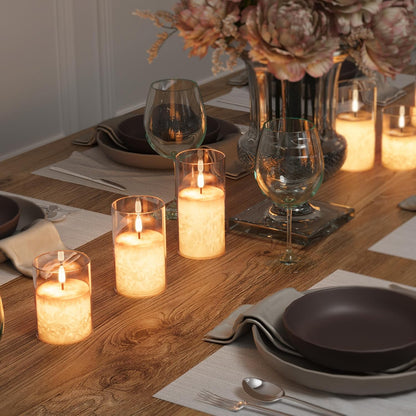 Battery Operated Flameless Candles with Remote & Timer, Gold Glass 3Pack | Real Wax Crystal Texture, D3×H4/5/6", 2/4/6/8H Timer, Dimming, Flickering Realistic LED Candles for Wedding Table Decor