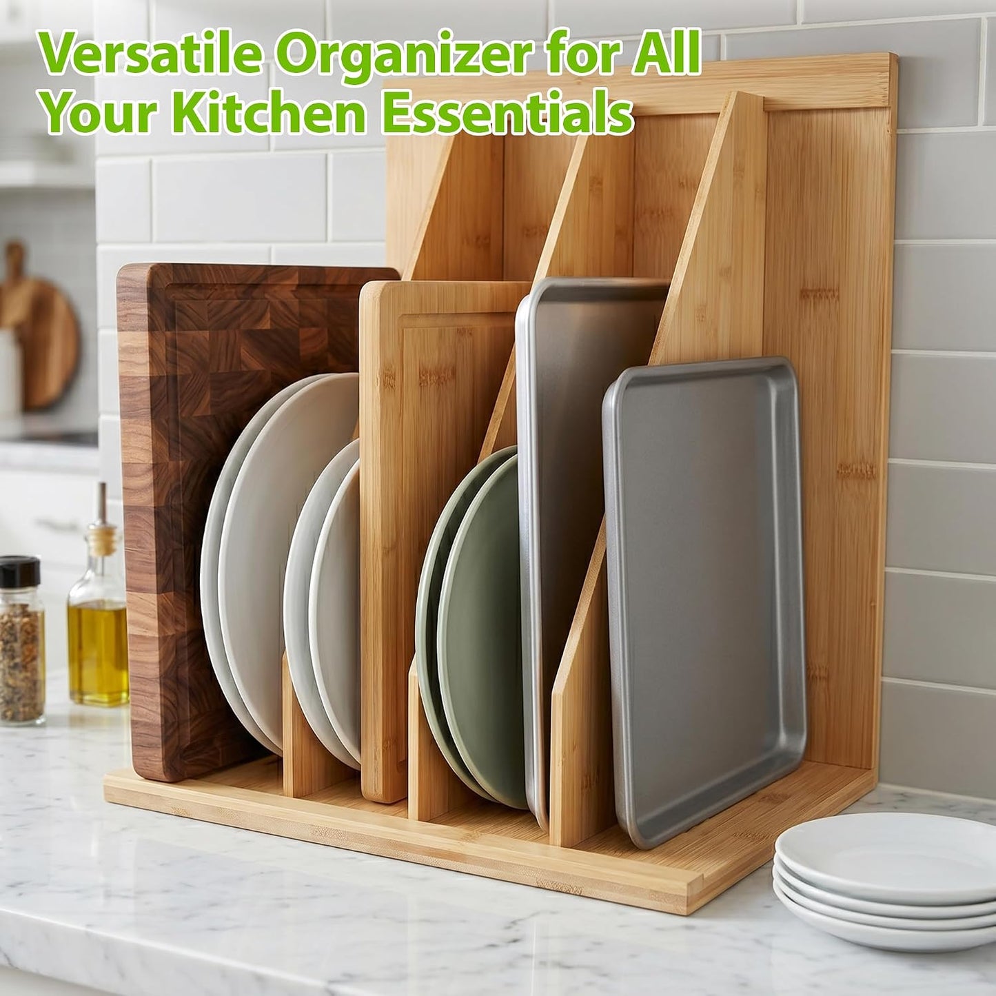 Tray Dividers for Kitchen Cabinets, Cookie Sheet Organizer, 3 Dividers | Bamboo Freestanding Design with 4 Upright Sections for Baking Pans, Cutting Boards, Pot Lids and Baking Sheets
