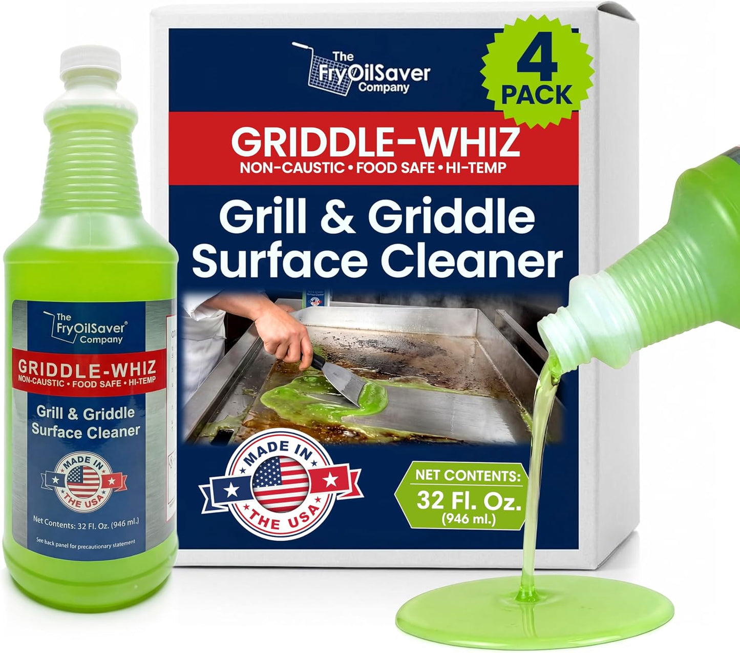 Griddle-Whiz Grill & Griddle Cleaner (4-Pack) | Removes Grease, Food Residue, Burnt On Organics | High Heat Flat Top Grill Cleaner, Food Contact Surface | Non-Caustic Formula by FryOilSaver (32oz)