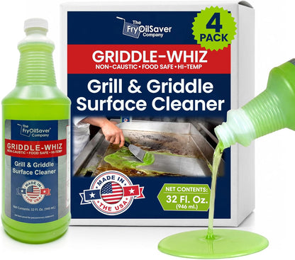 Griddle-Whiz Grill & Griddle Cleaner (4-Pack) | Removes Grease, Food Residue, Burnt On Organics | High Heat Flat Top Grill Cleaner, Food Contact Surface | Non-Caustic Formula by FryOilSaver (32oz)