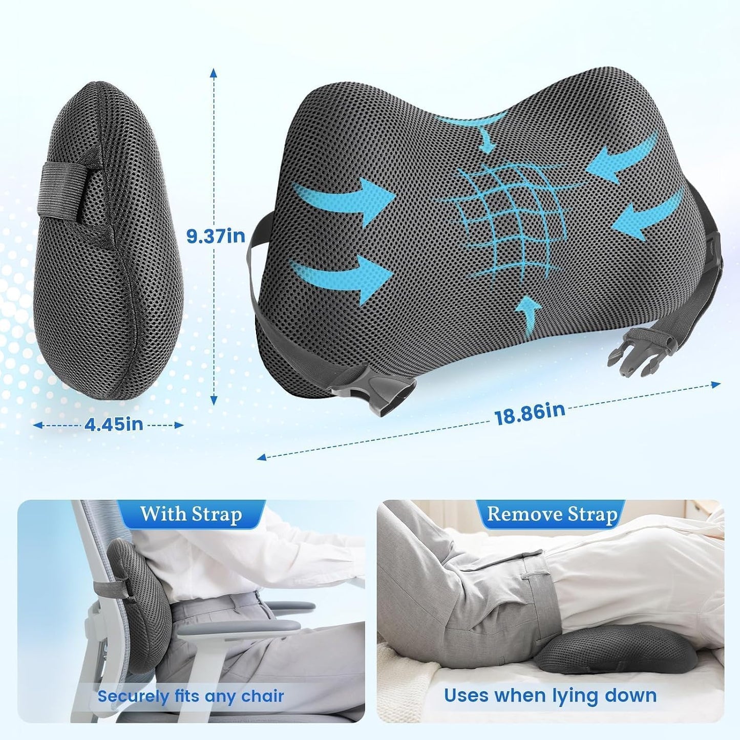 Lumbar Support Pillow, Memory Foam Back Cushion for Office Chair Car, Black | Ergonomic Lower Back Support with Adjustable Strap, Breathable Removable Cover for Couch, Wheelchair and Daily Comfort