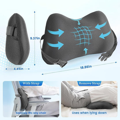 Lumbar Support Pillow, Memory Foam Back Cushion for Office Chair Car, Black | Ergonomic Lower Back Support with Adjustable Strap, Breathable Removable Cover for Couch, Wheelchair and Daily Comfort