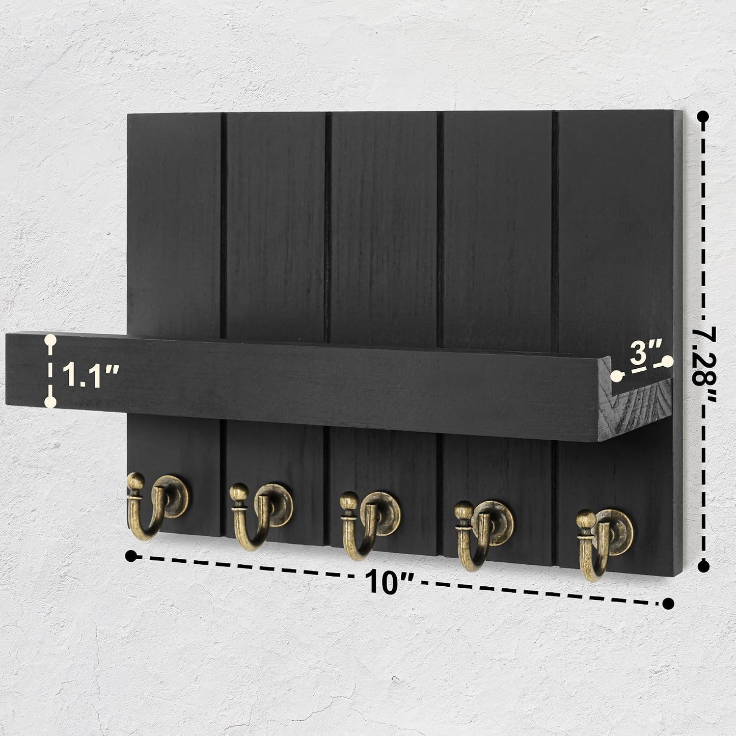 Rebee Vision Key Holder Wall Mount with 5 Key Hooks for Home Decor, Brown | 3.54'' x 10'' x 7.28'', Small Shelf for Display Plant, Key Hangers for Hat, Entryway Space-Saving Storage