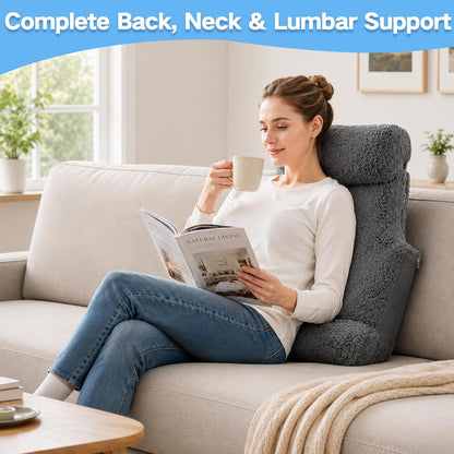 3-in-1 Lumbar Support Pillow with Headrest for Recliner, Memory Foam Back Cushion Set with Adjustable Side Bolster for Targeted Lower Back Pain Relief, Plush Sherpa Fleece Cover, Grey