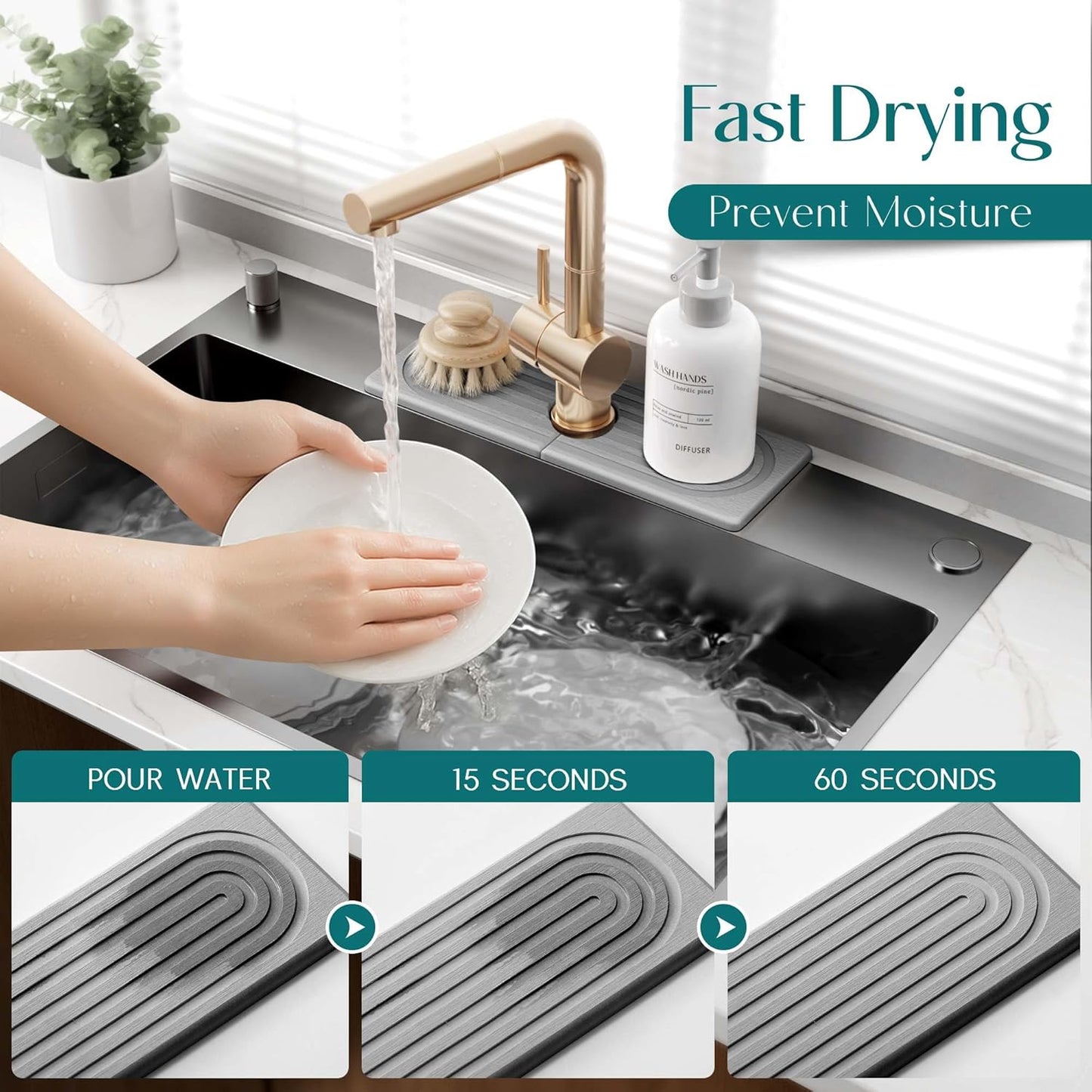Stone Faucet Mat for Kitchen Sink – Diatomite Drying Stone Mat & Sink Protector, Prevents Moisture – Sink Splash Guard Water-Absorbing Stone Tray for Bathroom Counter (Light Grey, 20" x 3.9")