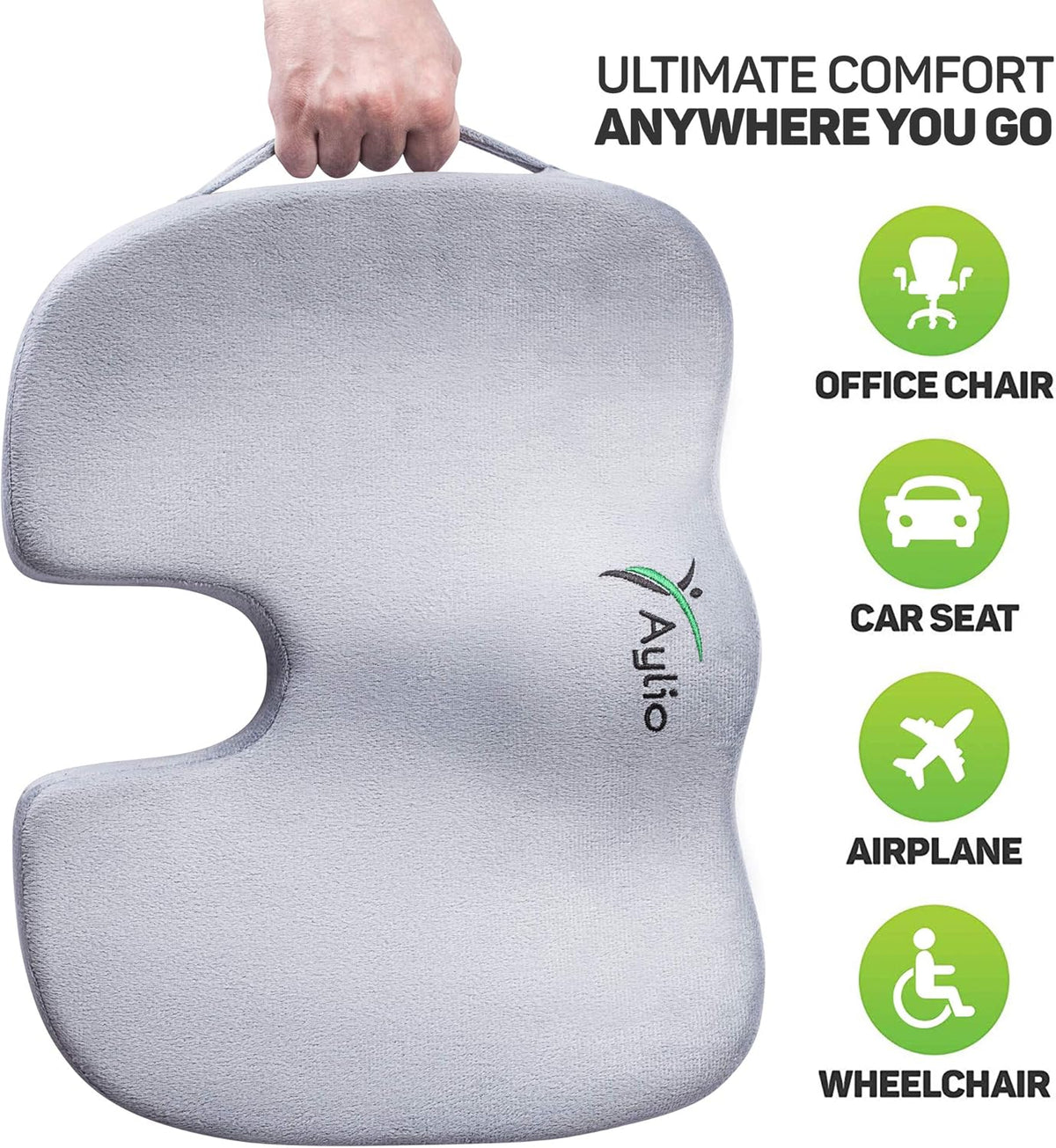 Aylio Coccyx Seat Cushion for Office Chair - U-Cutout Suspends the Tailbone, Nothing Touches It - Firm Comfort Foam that Won't Flatten - Washable Cover - Desk, Car, Wheelchair (Gray)
