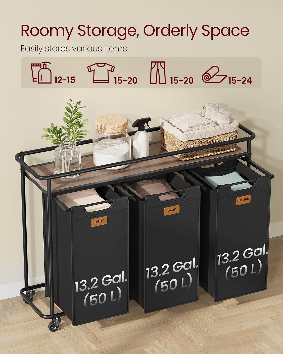 VASAGLE Laundry Sorter with Wheels, 39.6 Gal., 4 Removable Liners | Portable Laundry Cart with Shelf, 150 L, 6 Labels, Ink Black and Chestnut Brown, STEVIE Collection URLS100BH01S