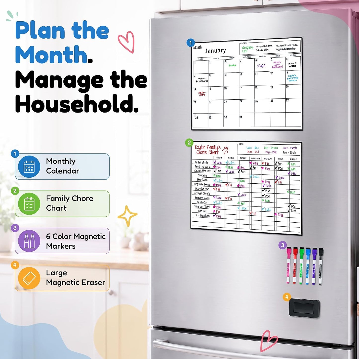 3 Pack Magnetic Dry Erase Calendar for Fridge, 17" x 12" Fridge Planner | Stain-Resistant Magnetic Calendar for Refrigerator with 6 Magnetic Markers & 1 Eraser - Monthly, Weekly & Daily Planner Set