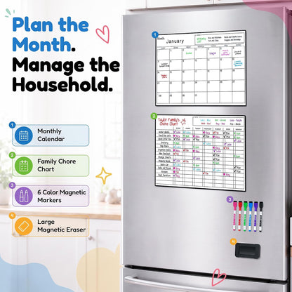 3 Pack Magnetic Dry Erase Calendar for Fridge, 17" x 12" Fridge Planner | Stain-Resistant Magnetic Calendar for Refrigerator with 6 Magnetic Markers & 1 Eraser - Monthly, Weekly & Daily Planner Set