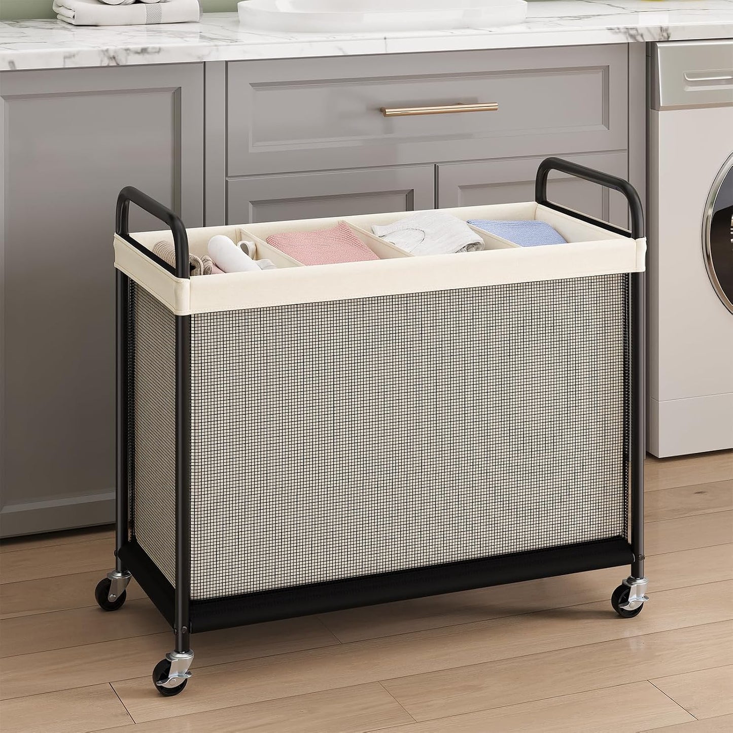 ELYKEN Laundry Hamper 2 Section, 100L Rolling Laundry Sorter with Wheels | Removable Washable Liner Bags, Sturdy Steel Frame and Metal Handle, Double Compartment Clothes Organizer for Laundry Sorting