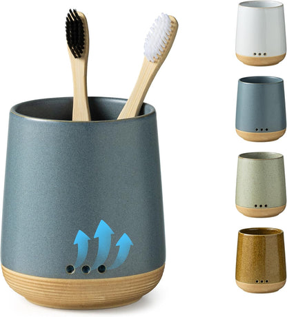 LYEOBOH Ceramic Toothbrush Cup, Cute Toothbrush Holder with Drainage White | Farmhouse Toothbrush Container, Countertop Toothbrush Organizer, Toothbrush Storage for Bathroom Vanity & Countertop