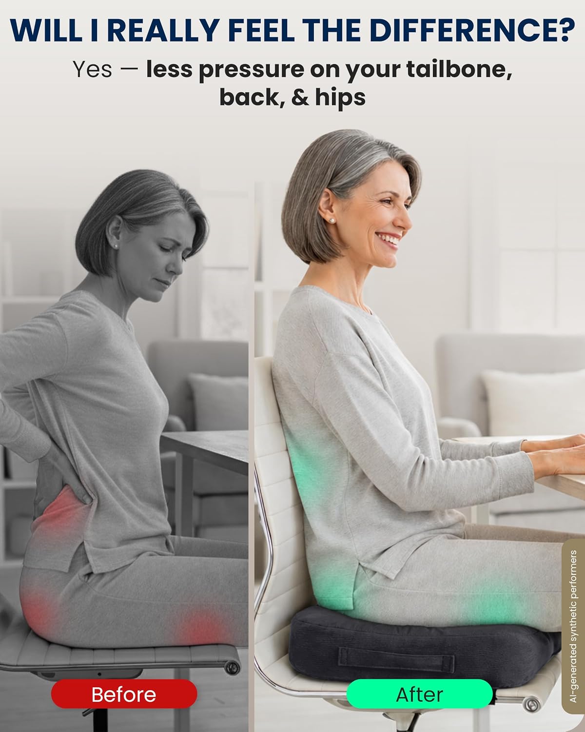 5 STARS UNITED Seat Cushion - Memory Foam Chair Cushion for Tailbone Pain Relief - Ergonomic Support for Coccyx, Sciatica & Butt - Office, Desk & Gaming Chair, Car Seat, Wheelchair, Airplane, Black