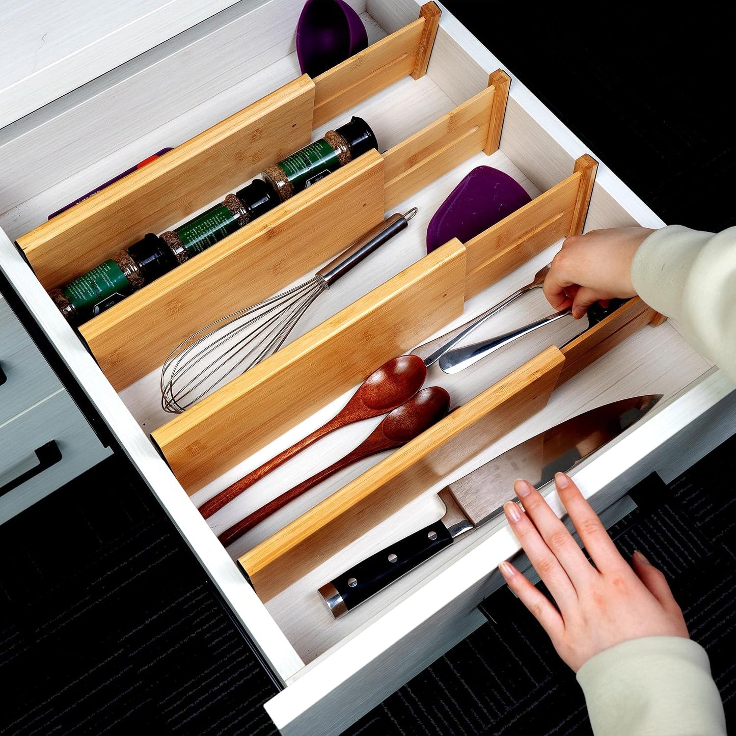 Utoplike 4 Pcs Bamboo Kitchen Drawer Dividers, Large Drawers Organizers | Adjustable Spring Loaded Expandable Organization, Works in Dresser, Bathroom, Bedroom, Office, Fit 17.8"-20.6" Drawer, 2.4"H