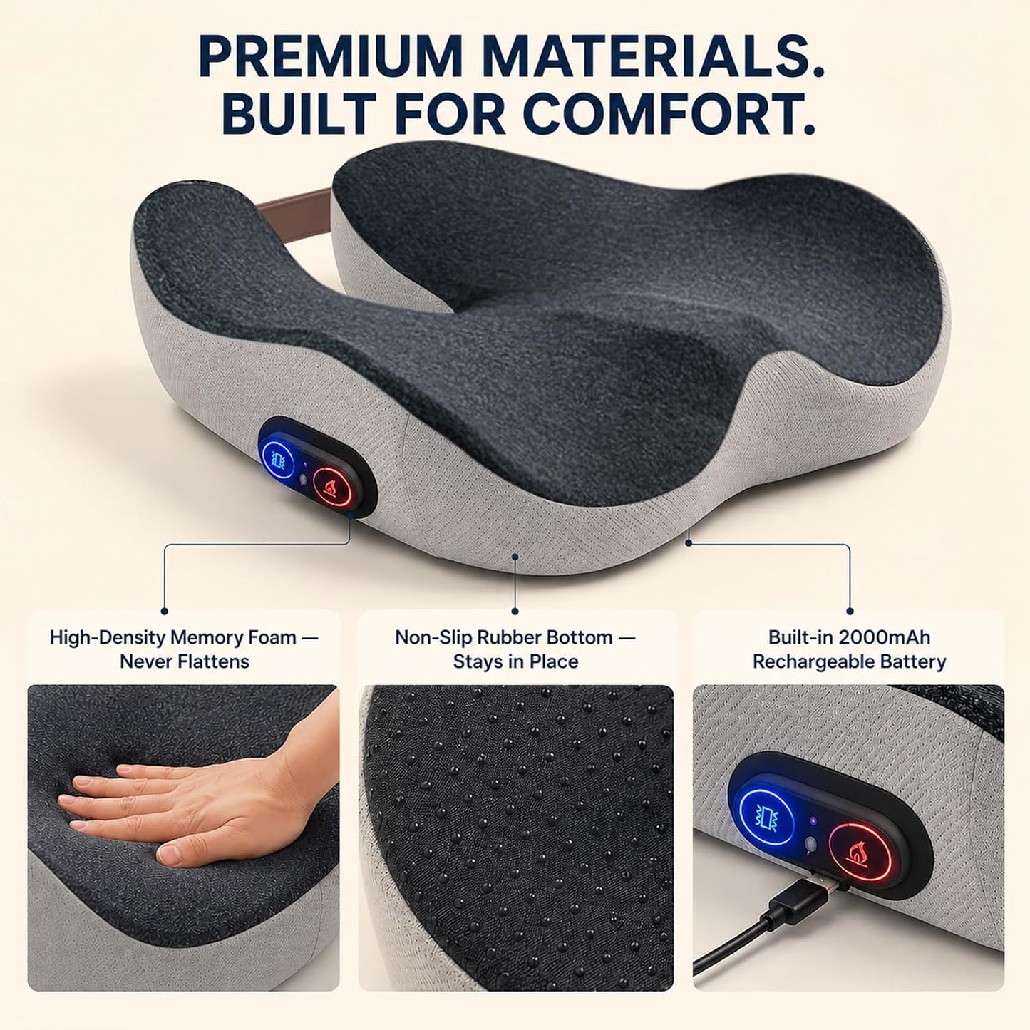 2-in-1 Rechargeable Heated Seat Cushion with Vibration Massager | Cordless Office Chair Cushion with 3 Heat Levels & 3 Vibration Modes, Ergonomic Tailbone Support for Desk Chair, Car, Home