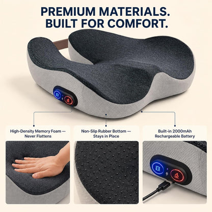 2-in-1 Rechargeable Heated Seat Cushion with Vibration Massager | Cordless Office Chair Cushion with 3 Heat Levels & 3 Vibration Modes, Ergonomic Tailbone Support for Desk Chair, Car, Home