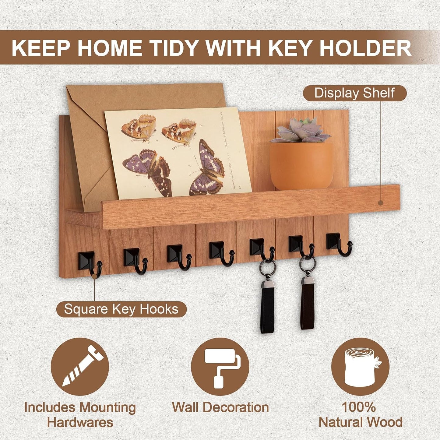 Key Holder for Wall, Decorative Key Holder with Shelf | Key and Mail Holder Wall Mount, Farmhouse Decor with 5 Key Hooks for Keys, Coats, ect.