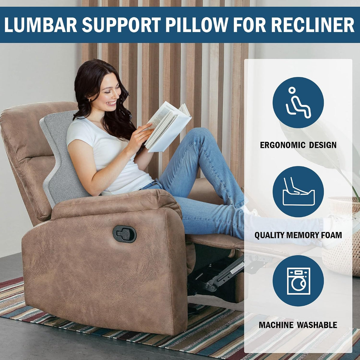 HOMBYS Ergonomic Lumbar Support Pillow for Recliner,Memory Foam Chair Back Support Cushion for Elderly,Extra Large Lumbar Support Pillow,Low Back Pain Relief Cushion,Grey