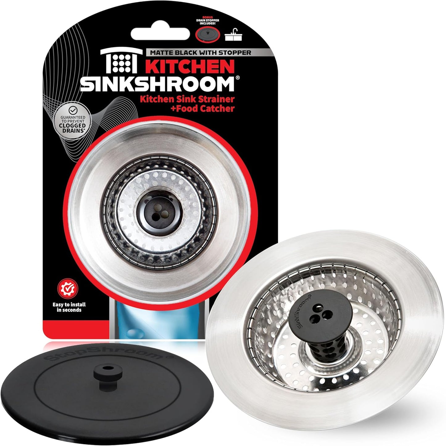 Kitchen SinkShroom Revolutionary Clog-Free Stainless Steel Sink Strainer, Black, 1-(Pack)