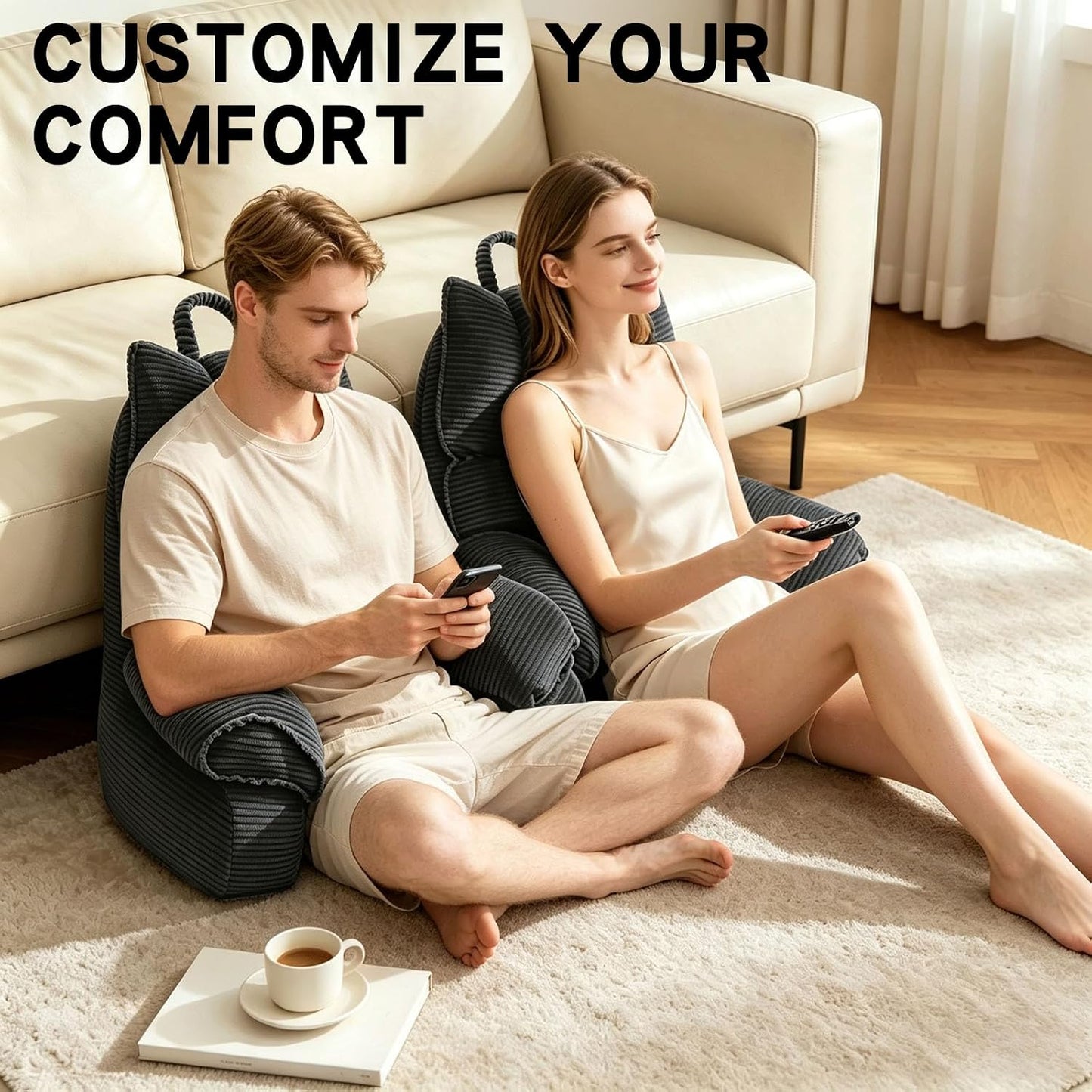 Reading Pillow for Bed with Arms, Back Support, Memory Foam（Grey Black） | Reading Pillow for Bed with High Arm Rests, Back Support Pillow for Sitting Up, Shredded Memory Foam for Reading, TV & Gaming