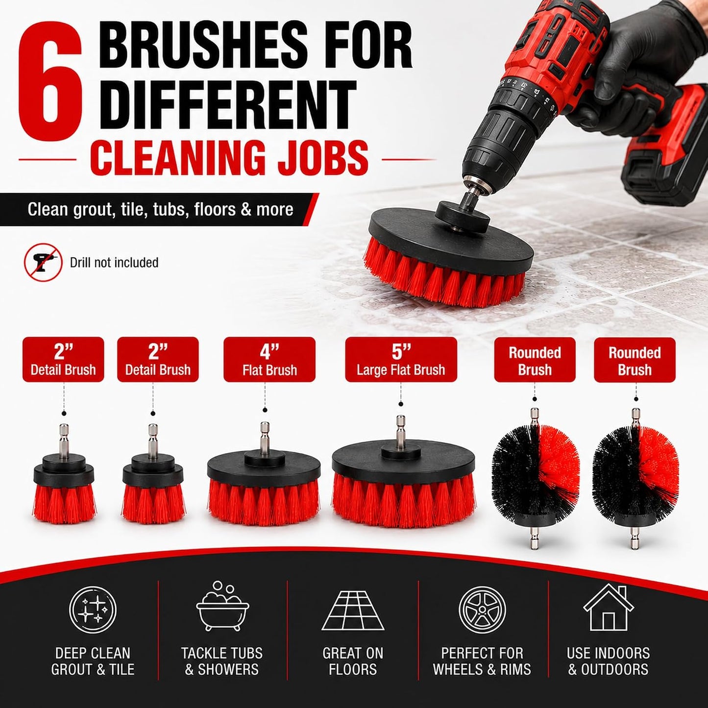 6-Piece Drill Brush Cleaning Set – Power Scrubber Attachments with 2”, 3.5”, 4” & 5” Brushes, Durable PP & PET Bristles for Bathroom, Tile, Grout, Kitchen, Tub & Floor Cleaning