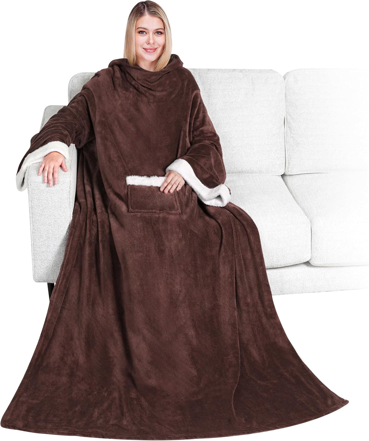 PAVILIA Wearable Blanket with Sleeves and Pocket for Women Men, Sherpa Trim