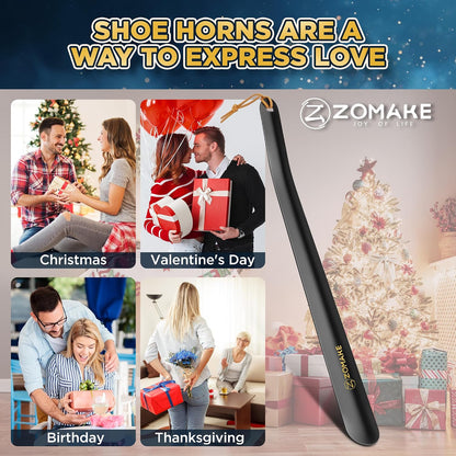 ZOMAKE Shoe Horn Long Handle for Seniors Men Women, Metal Shoehorn 16.5" | Stainless Steel Boot Horn Shoe Spoon Helper, Smooth Rounded Curve, Comfort Grip, No Bending Over, Shoe Care for Daily Use