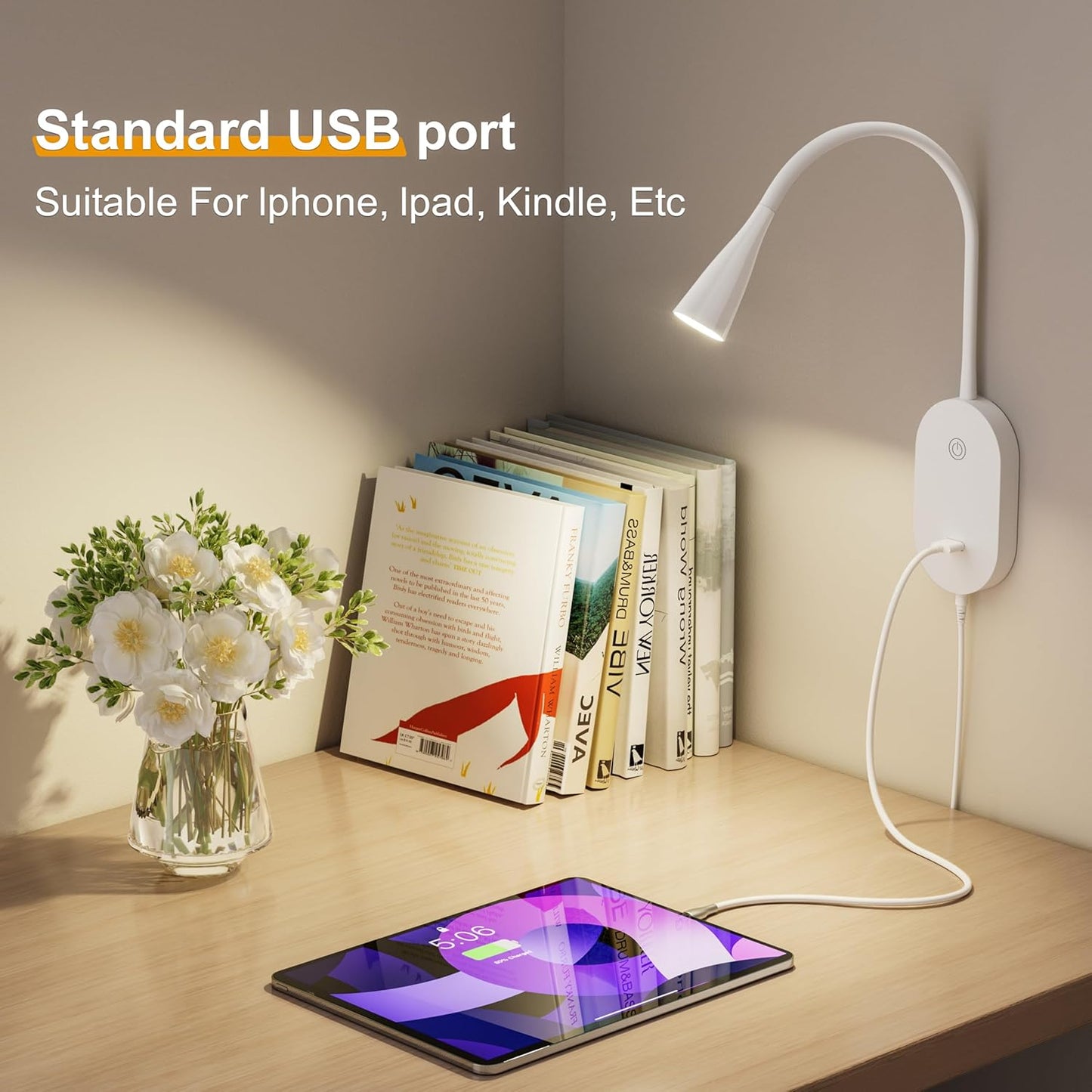 Wall Mount Reading Light, Focused Book Light for Reading in Bed, 5 Dimming, USB Output, 4 Hours Auto Off, Touch Control, Flexible Gooseneck Headboard Reading Lamp, Easy to Install White | Focused bedside light with touch dimming, flexible gooseneck, USB