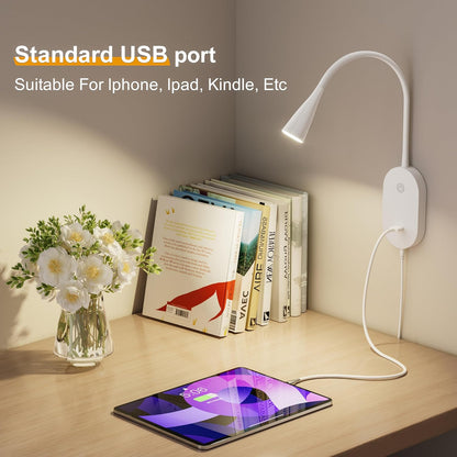 Wall Mount Reading Light, Focused Book Light for Reading in Bed, 5 Dimming, USB Output, 4 Hours Auto Off, Touch Control, Flexible Gooseneck Headboard Reading Lamp, Easy to Install White | Focused bedside light with touch dimming, flexible gooseneck, USB
