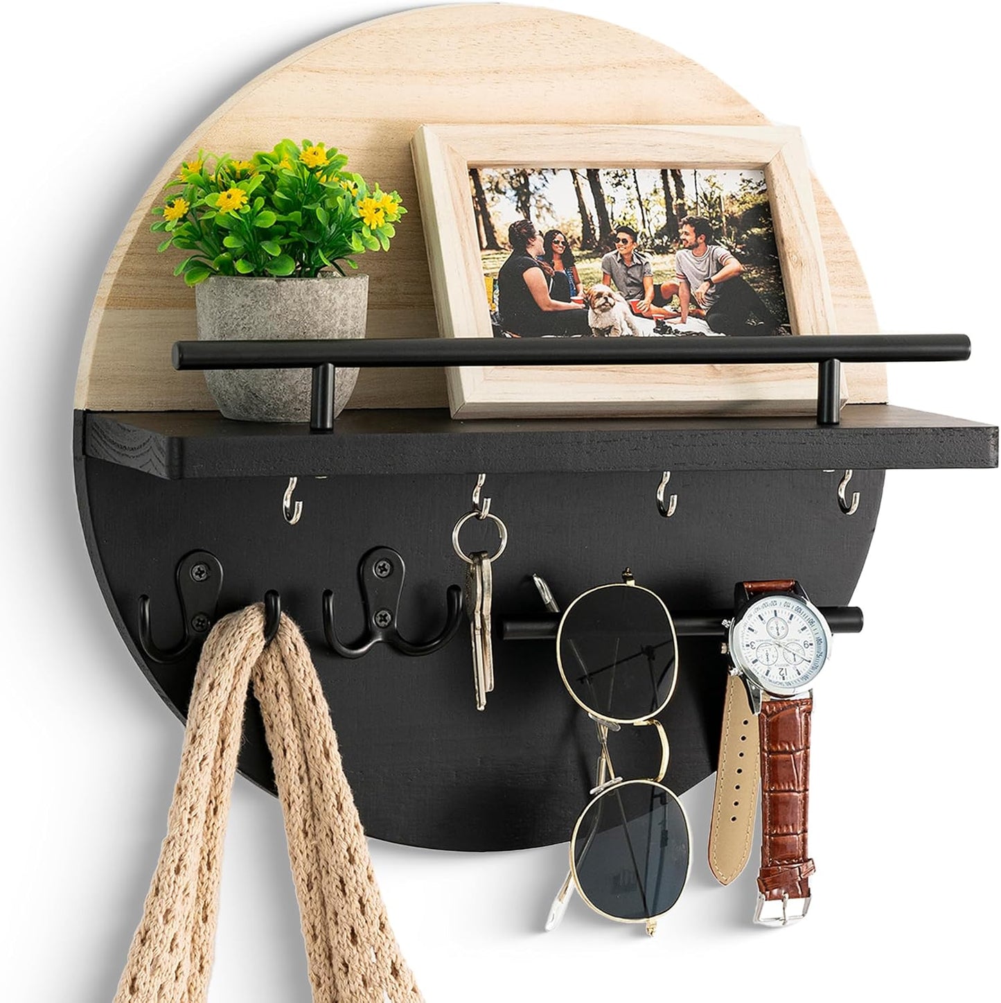 Key Holder for Wall Decorative with Shelf and Hooks, Mail Organizer Wall Mount with Sunglasses Holder, Circular Design Entryway Key Rack Hanger, Rustic Home Decor Boho Wall Decor (White)