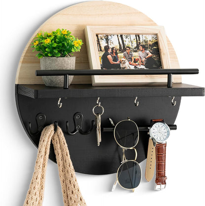 Key Holder for Wall Decorative with Shelf and Hooks, Mail Organizer Wall Mount with Sunglasses Holder, Circular Design Entryway Key Rack Hanger, Rustic Home Decor Boho Wall Decor (White)