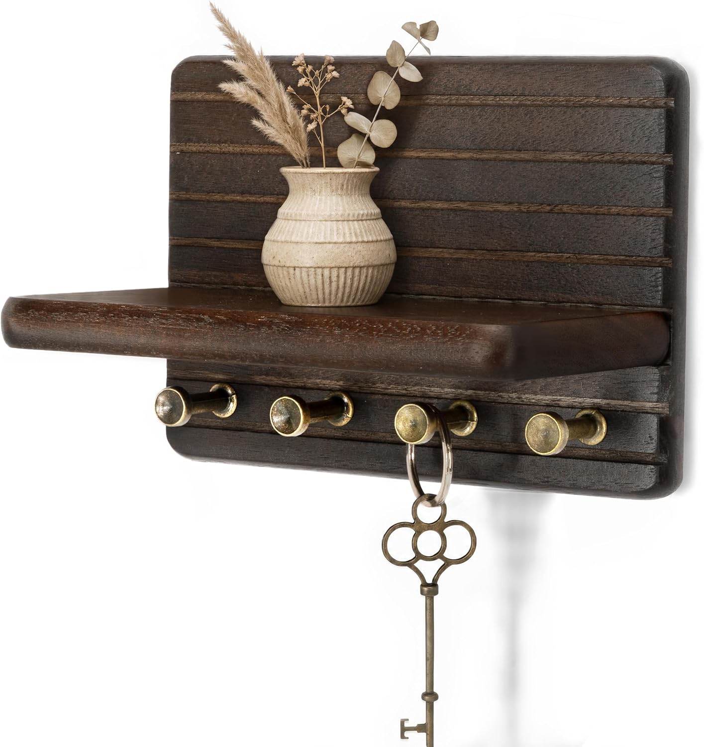Rebee Vision Pine Wood Key Holder Wall Mount with Shelf for Entryway, Brown | 6 Key Hooks, Round Corner, Smooth&Hand-Friendly, Clear Wood Texture, Space-Saving Design, Organize Mail & Letter