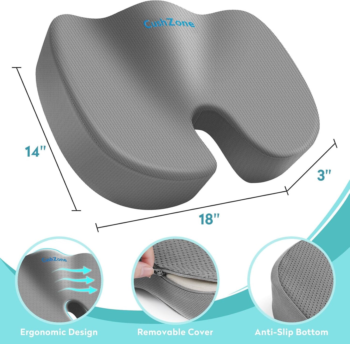 Gel Seat Cushion, Enhanced Memory Foam Cushion for Tailbone Pain, Black | Cooling Gel for Office Chair, U-shaped Design Chair Cushion for Gaming, Car, Wheelchair, Non-Slip Base, Washable Cover