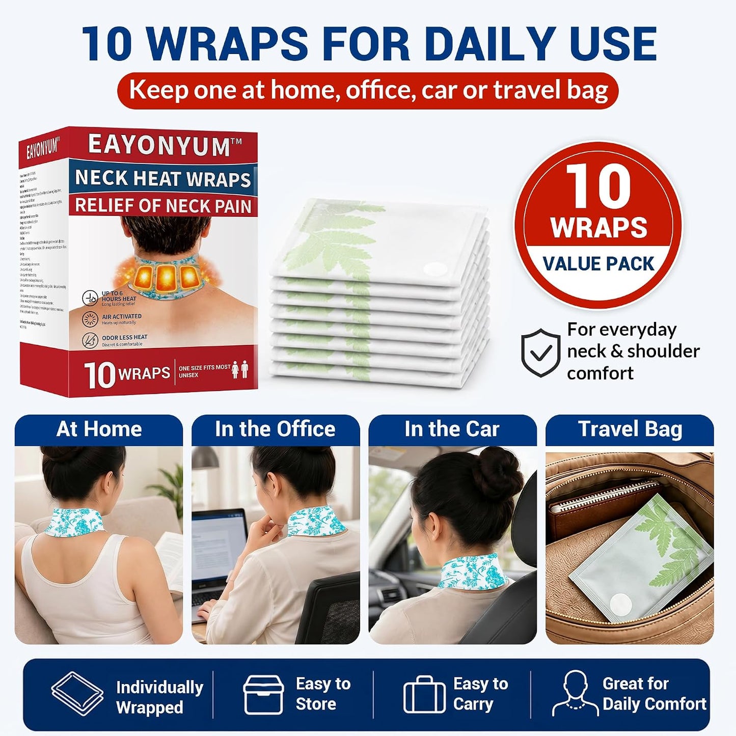 10 Count Neck Heat Wraps for Neck & Shoulder Pain Relief, Air-Activated. | Heat Pads with Herbal Layer, Long-Lasting, Fast-Acting, Muscle & Joint Soothing Patches, No Adhesive on Skin, Drug-Free