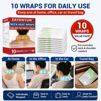 10 Count Neck Heat Wraps for Neck & Shoulder Pain Relief, Air-Activated. | Heat Pads with Herbal Layer, Long-Lasting, Fast-Acting, Muscle & Joint Soothing Patches, No Adhesive on Skin, Drug-Free