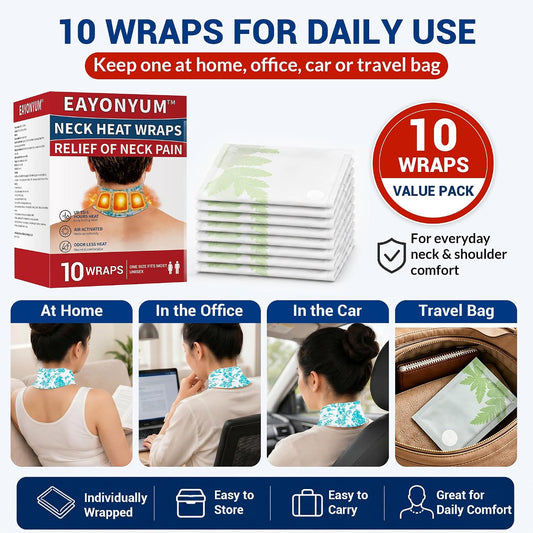 10 Count Neck Heat Wraps for Neck & Shoulder Pain Relief, Air-Activated. | Heat Pads with Herbal Layer, Long-Lasting, Fast-Acting, Muscle & Joint Soothing Patches, No Adhesive on Skin, Drug-Free