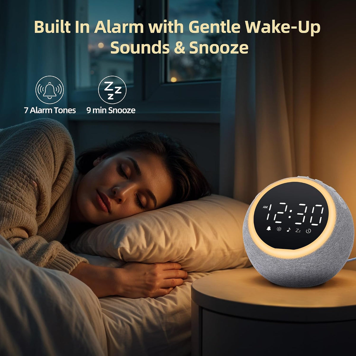 Smart Alarm Clock with White Noise & Night Light for Bedrooms