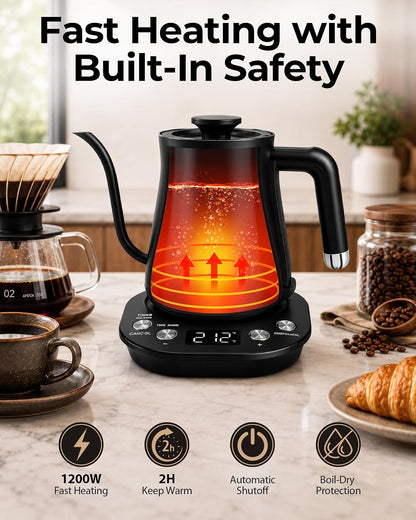 Gooseneck Electric Kettle with ±1℉ Temperature Control, 304 Stainless Steel Interior, BPA Free, 1200 Watt Rapid, Brew Timer, Automatic Shut Off for Pour Over Coffee, Brew Tea（Matte Black）
